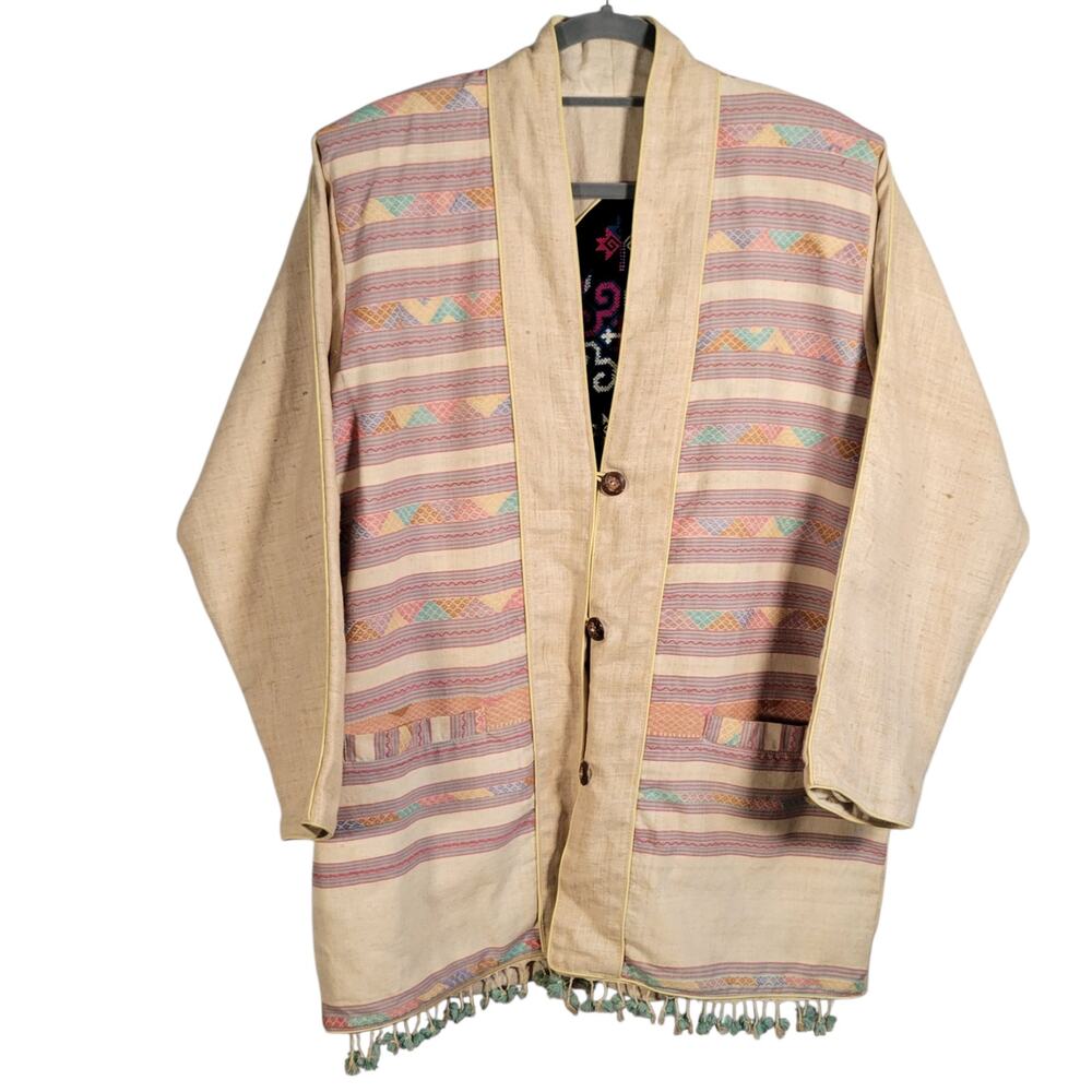 Vintage Reversible Boho Kimono Jacket Fringe Patchwork Cotton L - Picture 2 of 8